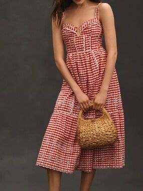 Anthropologie Red Gingham Tie-Front Midi Dress